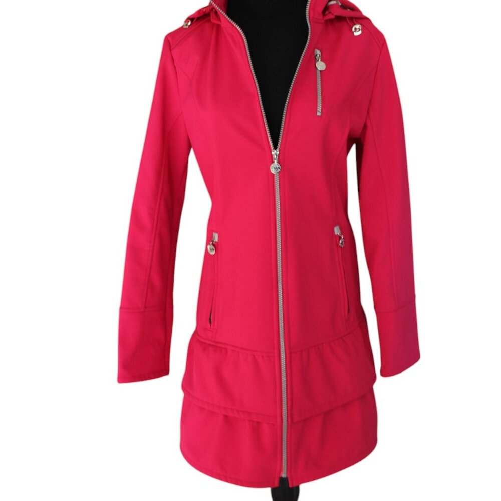 Betsey Johnson Soft Shell Hooded Coat Pink Water Repellent Ruffle, Size M, EUC - Picture 6 of 16